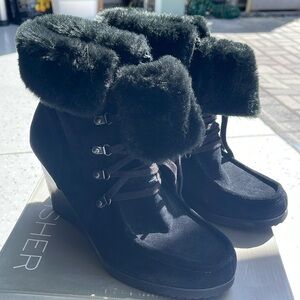 Marc Fisher Black Lace Up man made fur lined Boot